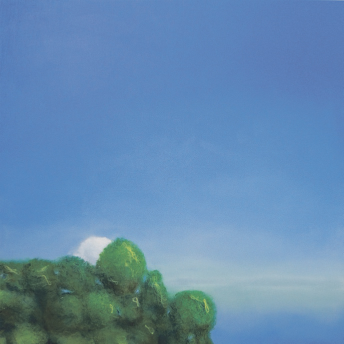 »la petite blanche avec vert, seulement dans bleu« (»die kleine Weiße mit Grün, alleine im Blau«)