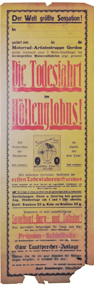 Ankündigungsplakat für die „Erste europäische Todeskugelfahrerin“ Theresia Sonnberger. Foto Straßmeier, Schwertberg