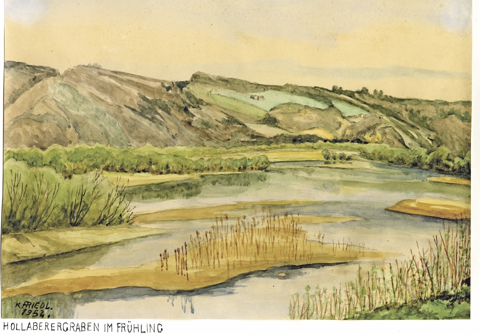 In dieser Naturlandschaft einst herangewachsen: die Prielmayreiche. Aquarell „Hollaberergraben im Frühling“ von Friedl, 1952. Bild Courtesy of Familie Lahmer-Wiesmayr
